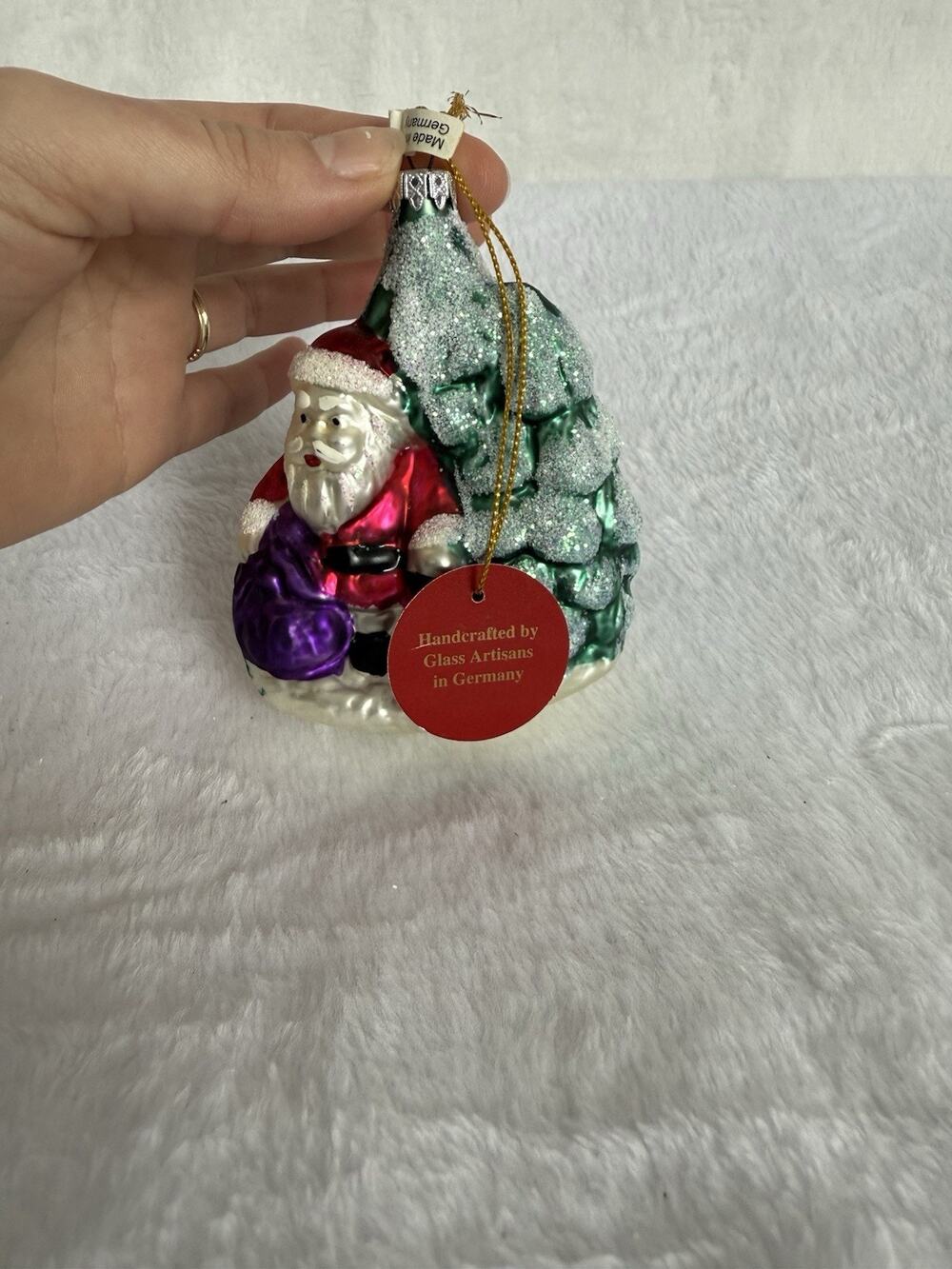 Glass Christmas Santa Claus w/Tree Ornament Blown Glass Germany 4” Tall